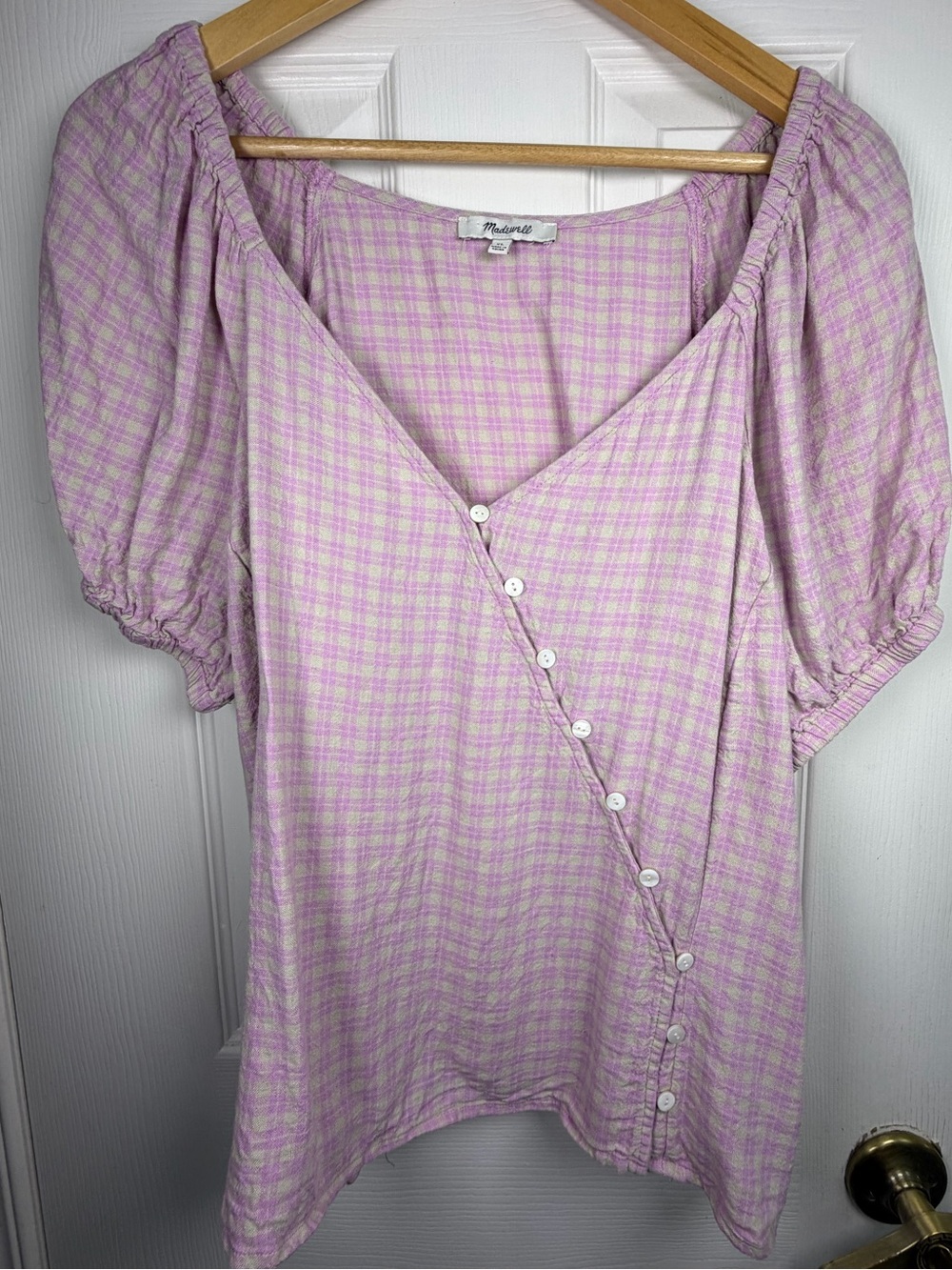 Madewell Pink Lavender Plaid Puff Sleeve Blouse XL Linen Blend Cottagecore